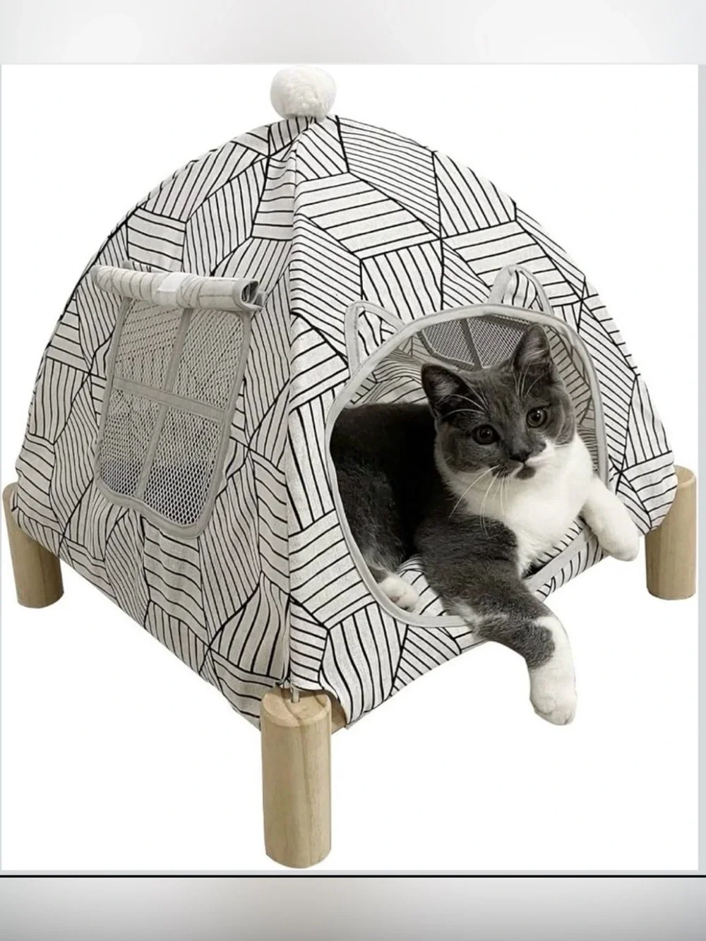 Pozico 2-in-1 Cat Bed Tent with Wooden Frame - Cat Teepee & Hammock, Portable In